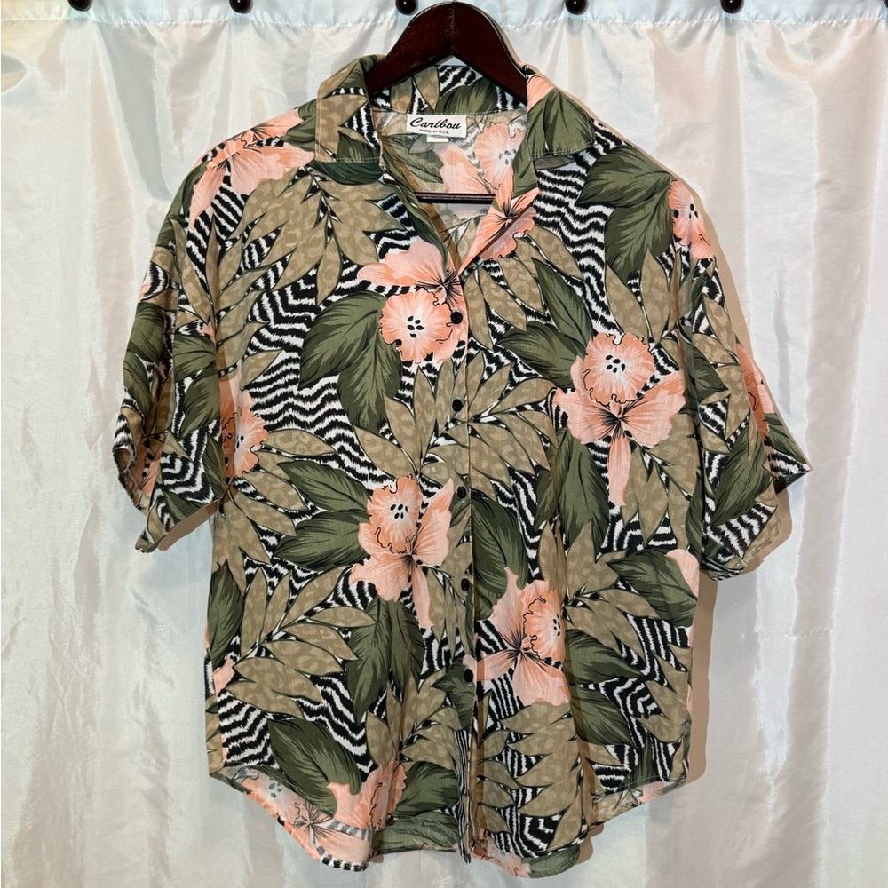 Caribou Vintage Hawaiian Button-Up Shirt Floral Zebra Print Size 12